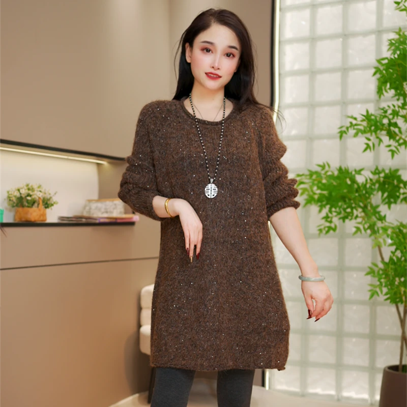 2025秋冬季新款女士慵懒风休闲圆领针织衫宽松加厚中长款毛衣内搭