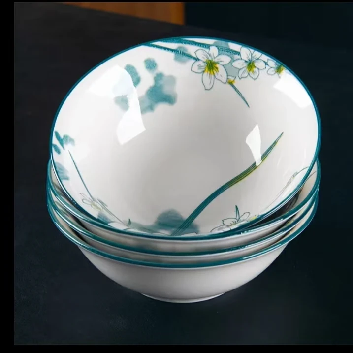 水仙花6英寸斗碗4只家用陶瓷餐具网红创意饭碗日式釉下彩