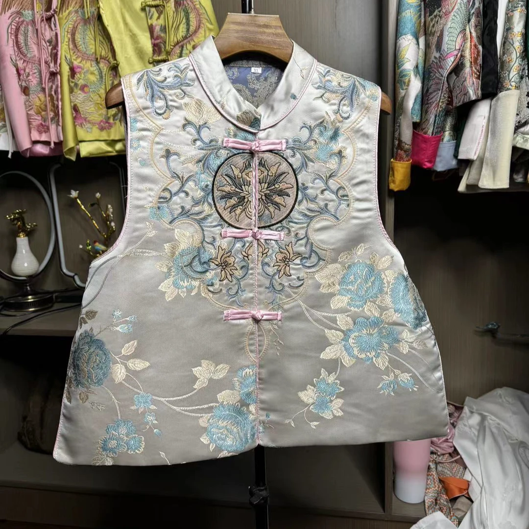 【花拾~马甲801】国风盘扣立领刺绣提花坎肩背心上衣复古马甲女外搭