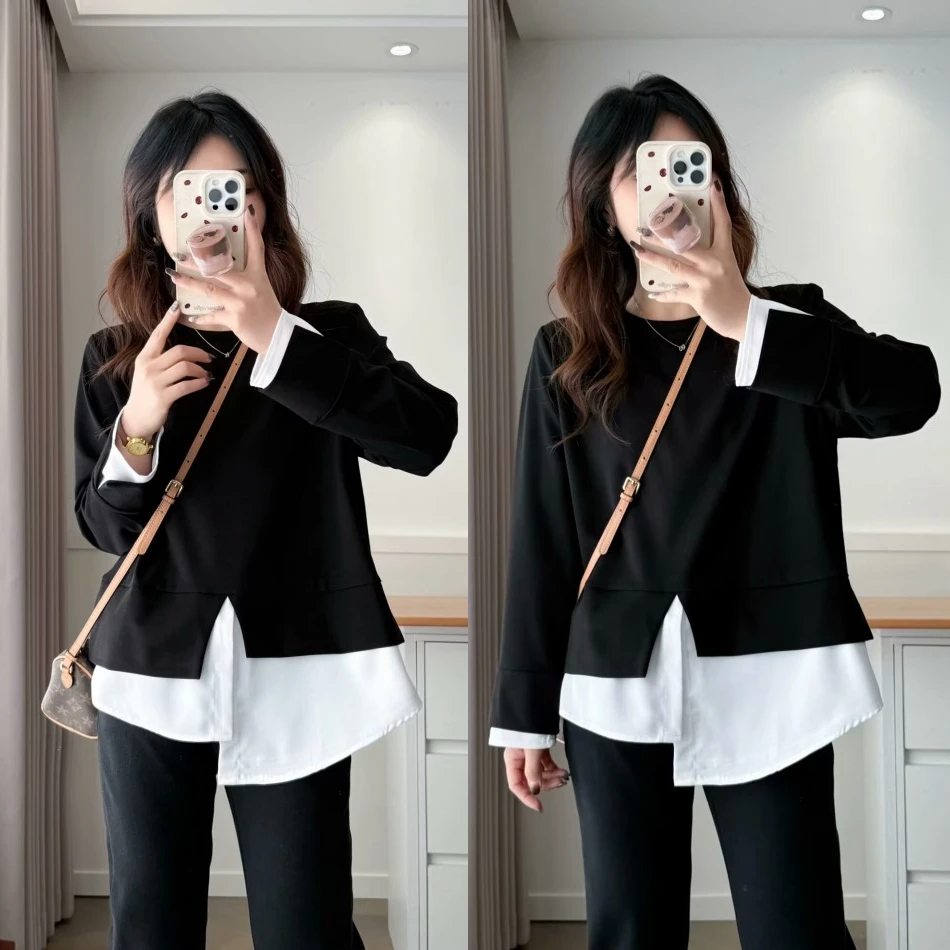 大码胖mm春季新款时尚百搭显瘦假两件圆领衬衫女洋气宽松遮肉上衣