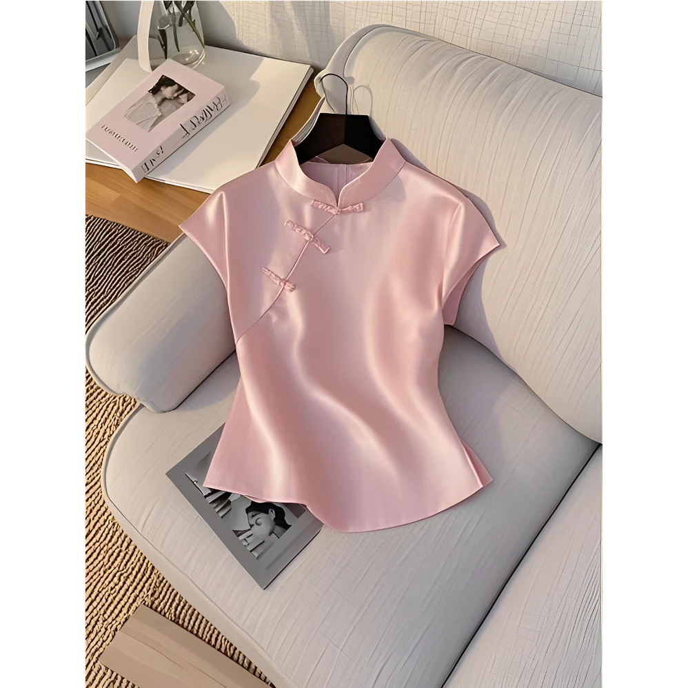 2025夏季新款高级感轻奢上衣超好看独特漂亮减龄新中式粉色短袖女