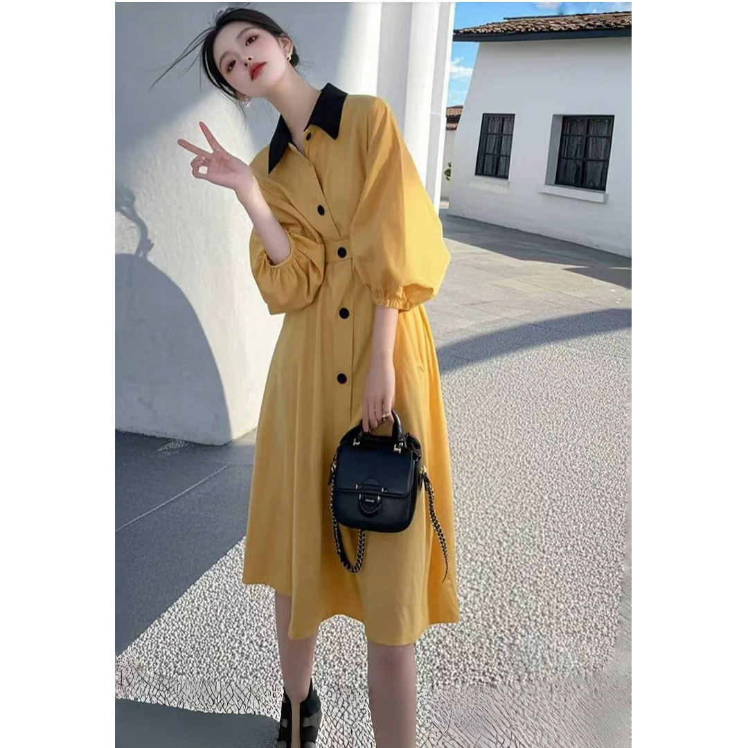 今年流行春季新款漂亮独特多巴胺绝美小香风黄色泡泡袖衬衫连衣裙