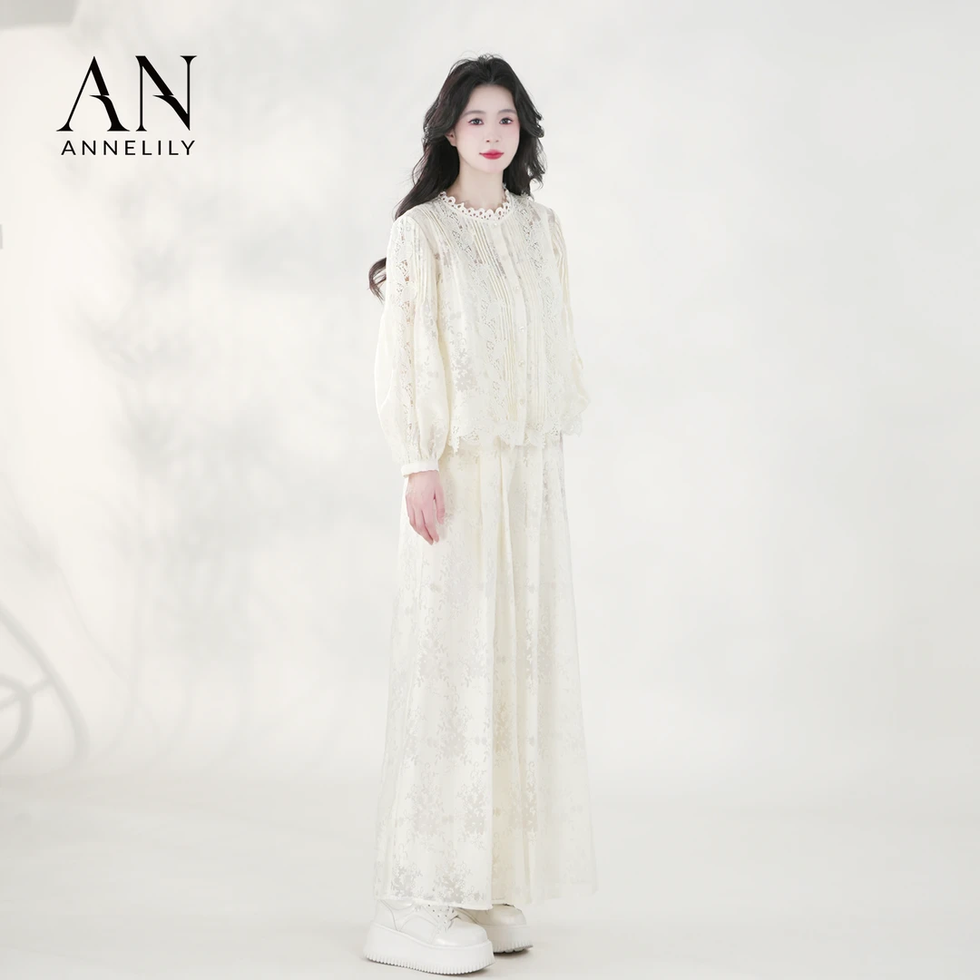 ANNE安甜甜【花芊】新款气质软纱镂空百搭长裤套装AT2504087