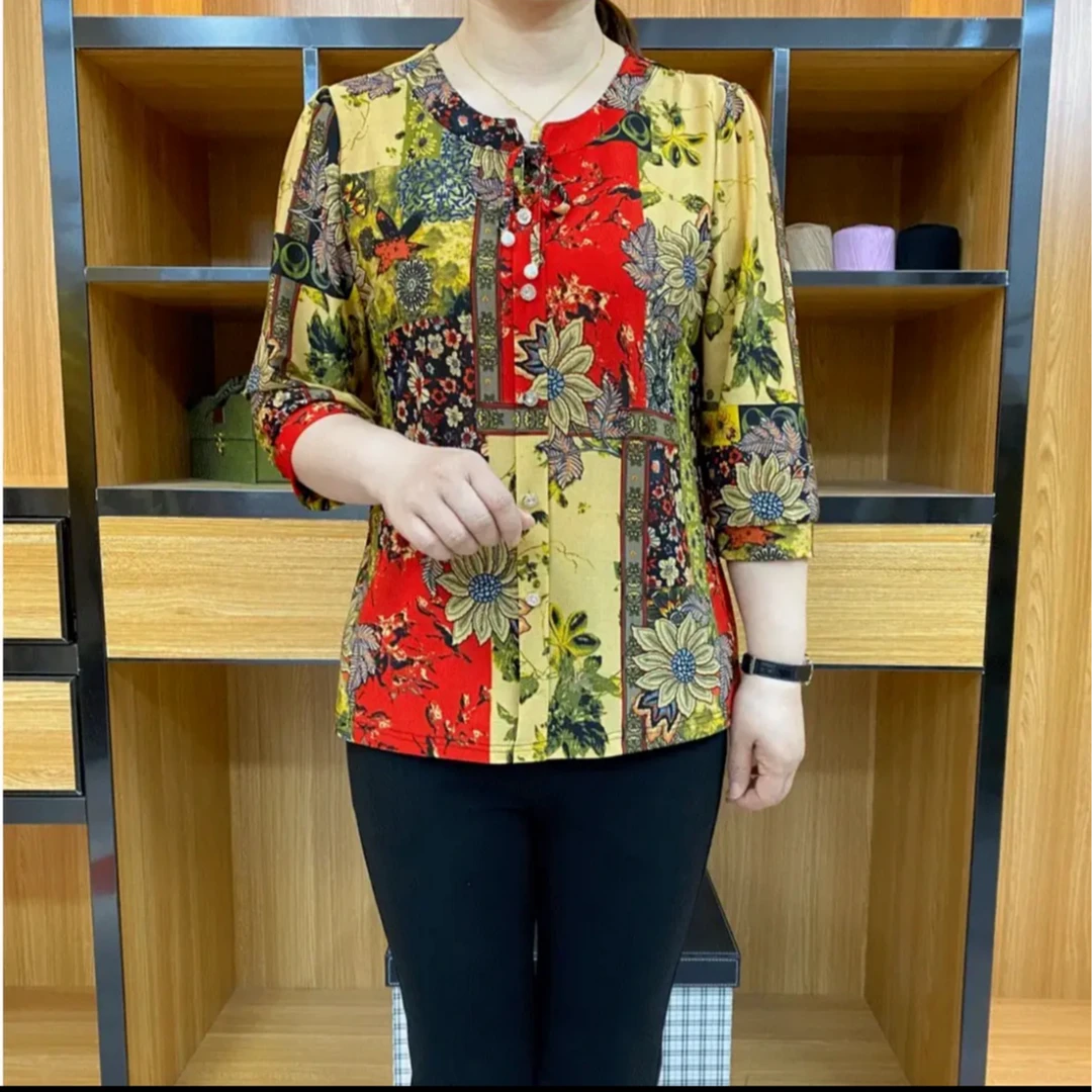 洋气妈妈装碎花小衫宽松百搭显瘦中袖夏季冰丝T恤中老年清凉上衣