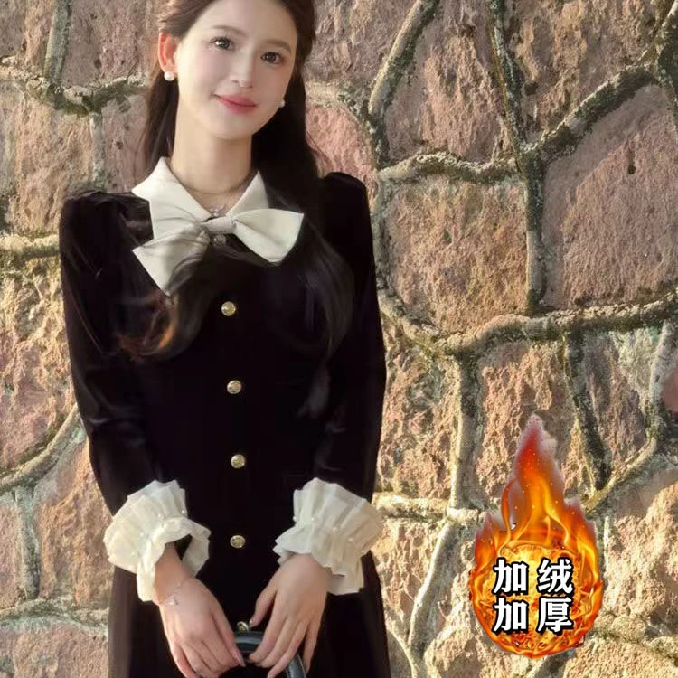 （现货清货）气质小香风连衣裙女秋冬新款法式长裙子显瘦小黑裙1668