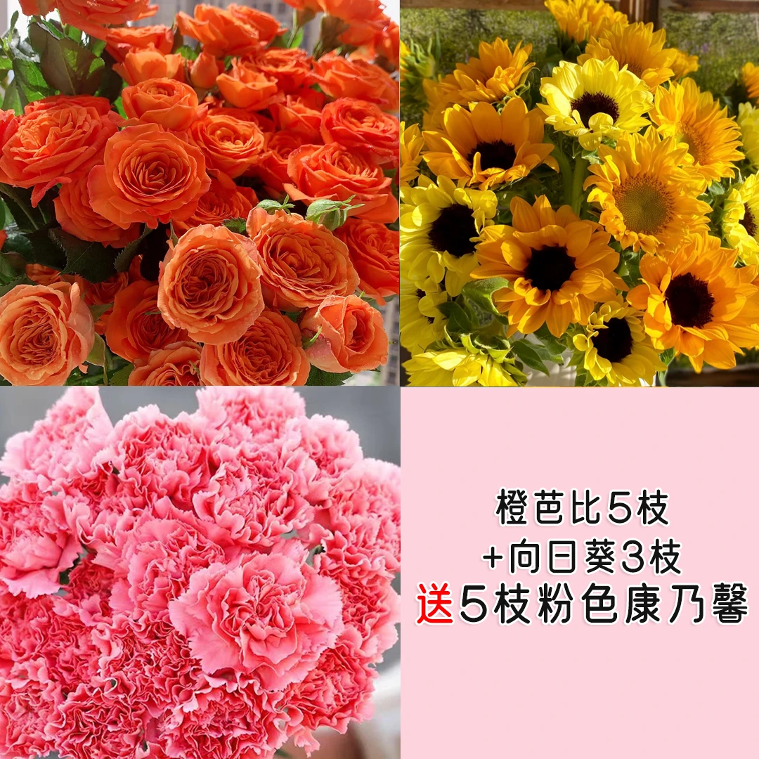 『橙芭比5枝+向日葵3枝+送5枝粉色康乃馨』 家居养花 全场任意2单鲜花顺丰京东包邮 三单鲜花送花瓶 包邮次日达