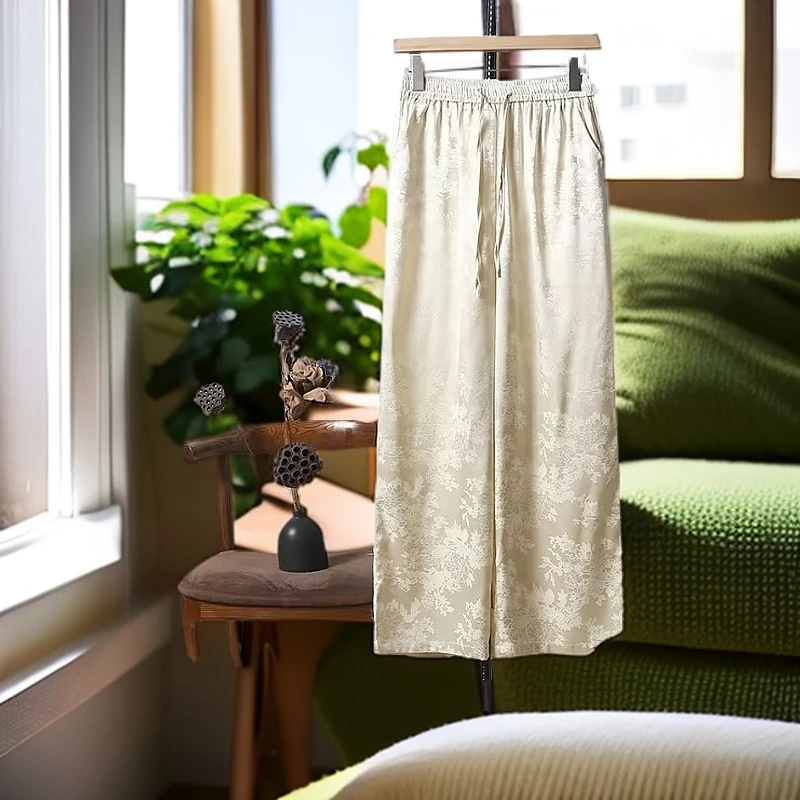 金标绸缎提花女士夏丝滑飘逸桑垂感高腰蚕显瘦百搭丝直筒阔腿裤
