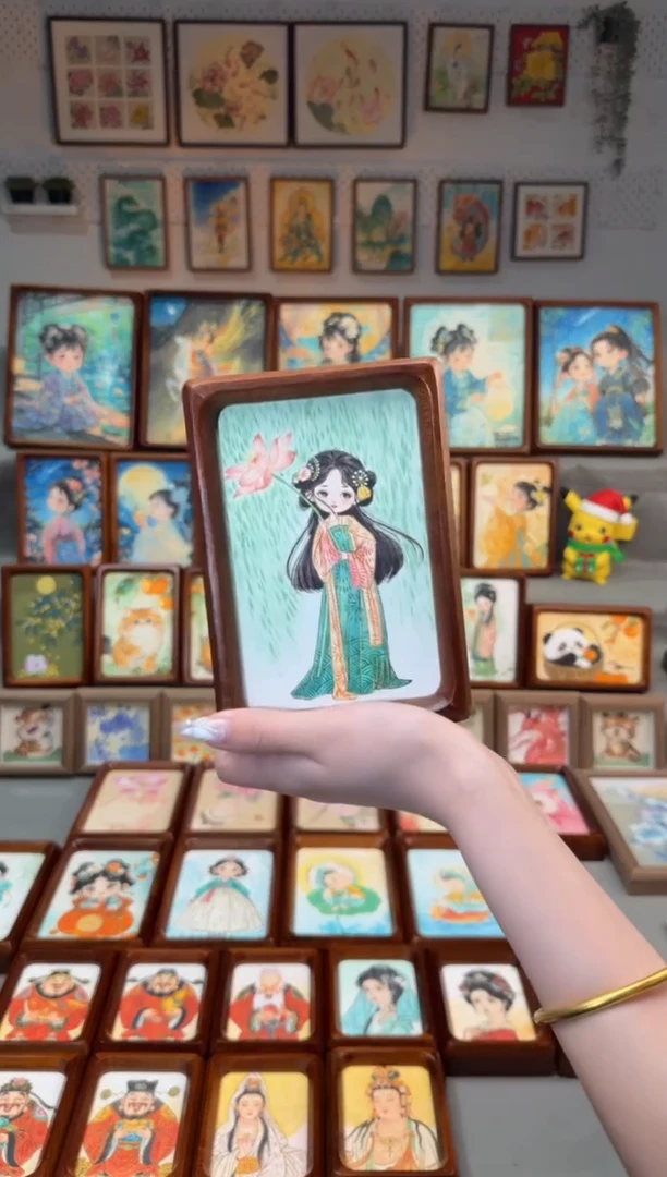 国画荷花柳叶女孩 手绘国画6