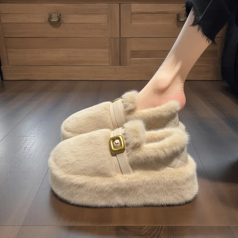 【兔毛绒】厚底毛毛鞋女2025新款冬季皮带扣白色加绒防滑孕妇棉鞋