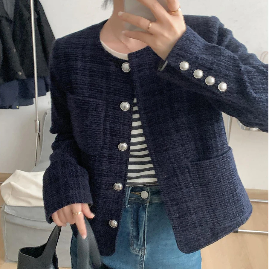 韩版暗夜蓝气质高级感百搭休闲宽松小香风短款外套女秋季新款1989