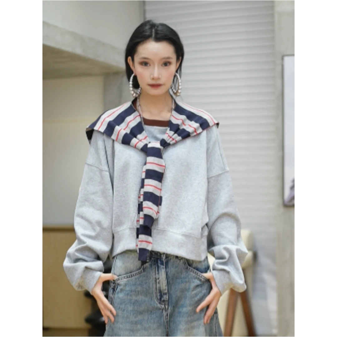 JIANGZHUO 【旧时光】重磅美式复古宽松百搭休闲上衣+披肩两件套