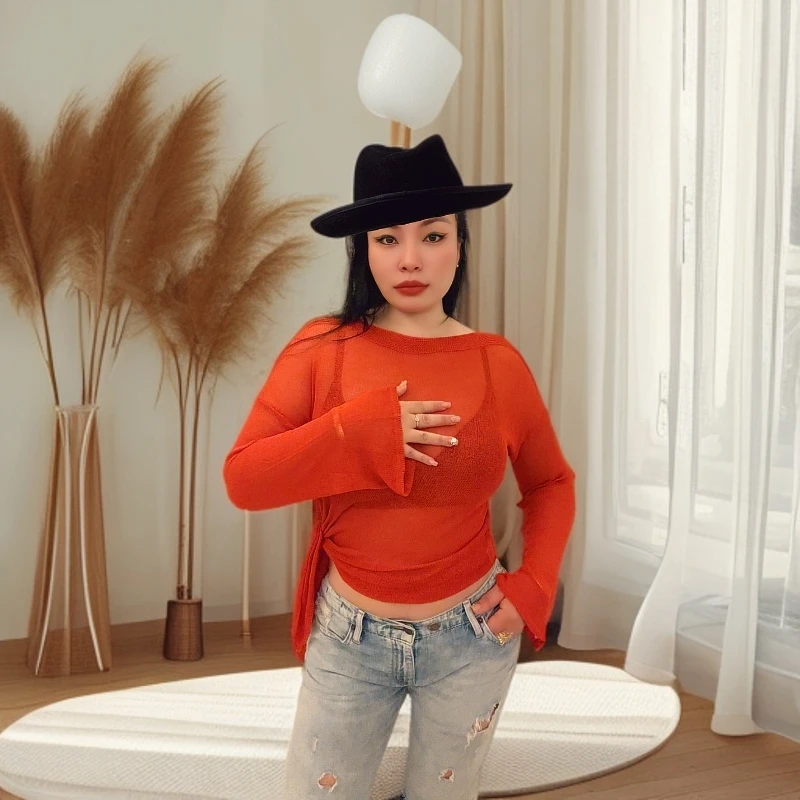 长袖衬衫上衣休闲一字领红色女士头圆领修身型修身针织罩衫