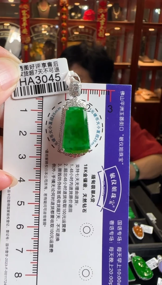 颈饰18K金镶嵌翡翠HA3045冰辣绿无事牌