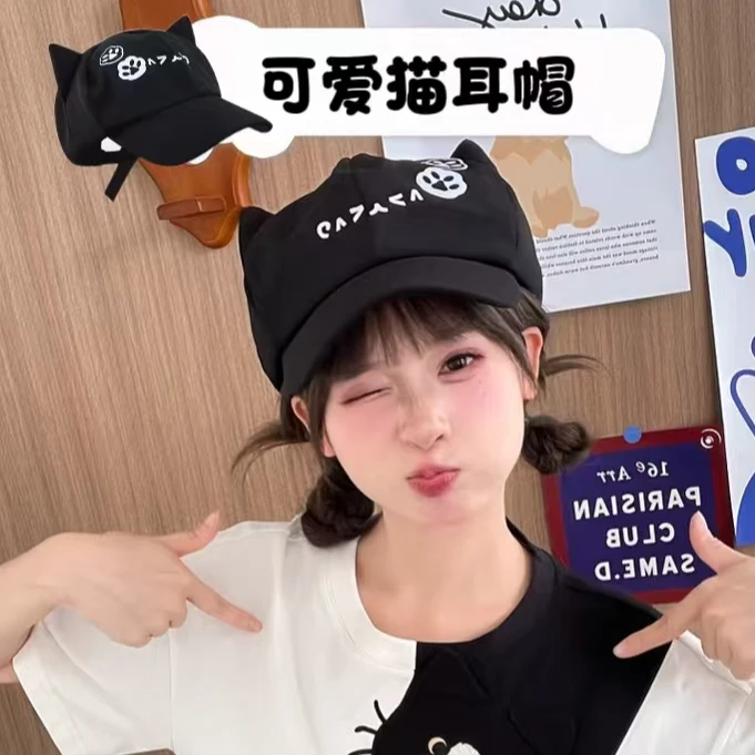 【四季薄款】可爱猫耳帽棒球帽日系y2k二次元黑色帽子大头围显脸小