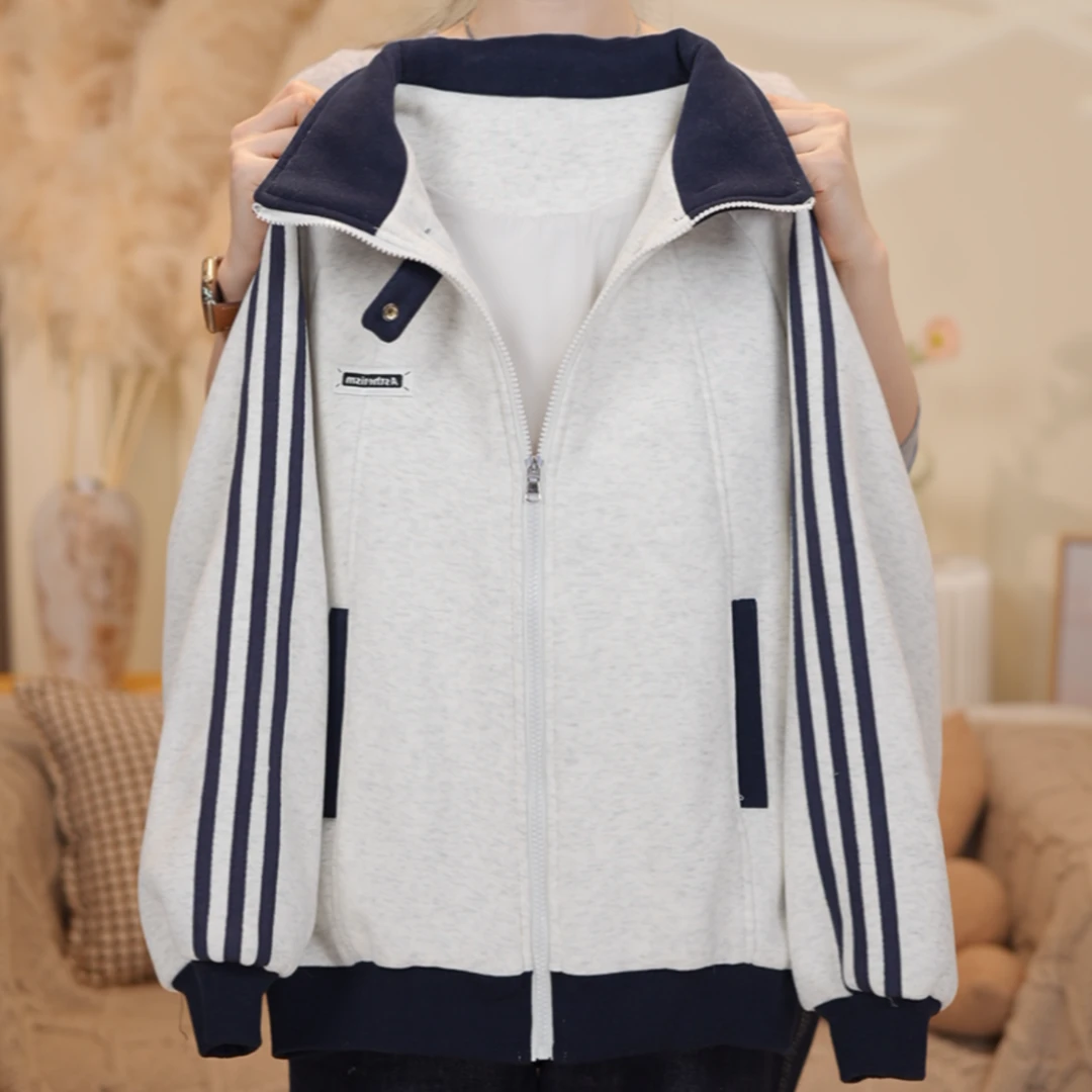 女大童加绒外套秋冬装青少年初高中生立领拉链衫加厚上衣保暖衣服