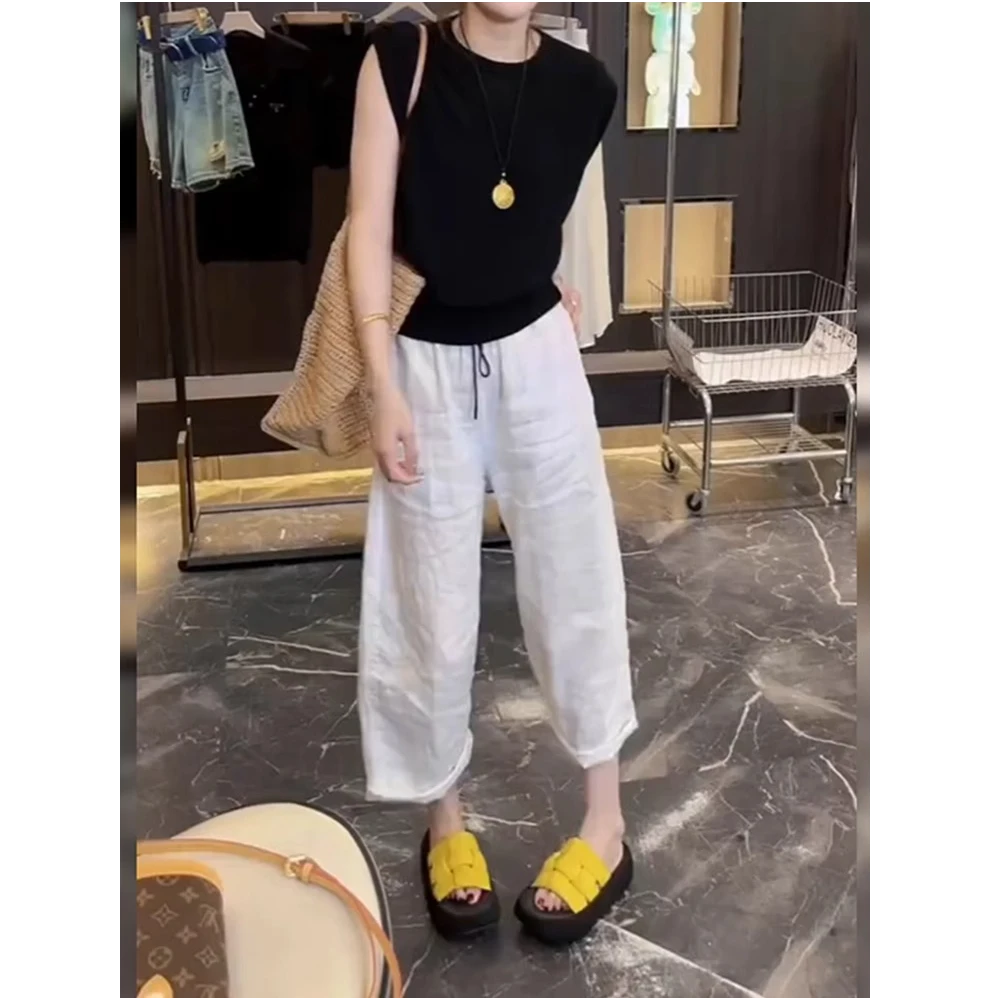 白色撞色亚麻休闲裤女夏季薄款大码胖mm宽松显瘦阔腿八分直筒裤