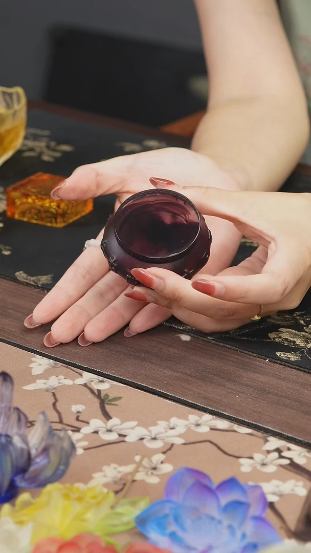 手工艺品琉璃古法琉璃紫色十二时辰鼓形盖置