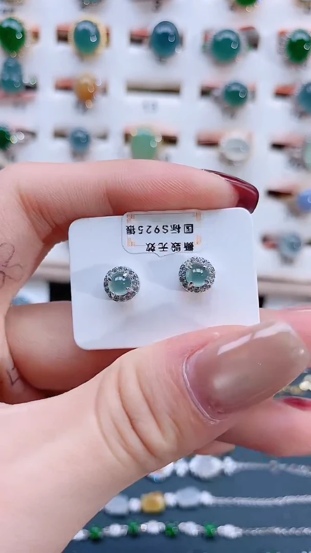 银S925镶嵌翡翠耳饰天然翡翠
