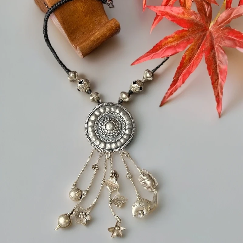 吊坠925银 原创设计款蜡绳个性时尚银项链复古民族风气质长款