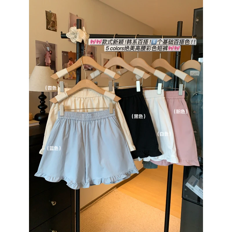 新款万能搭木耳边松紧腰休闲短裤女2025夏季韩系大码宽松阔腿热裤