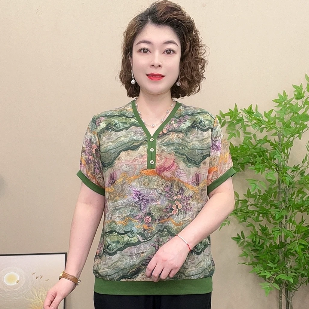 短袖夏季薄款妈妈装雪纺衫凉快气质显瘦洋气时尚百搭宽松上衣小衫