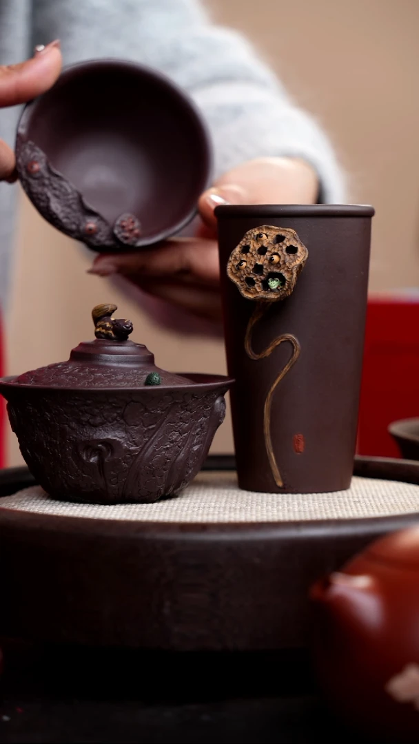 【闪购商品】紫砂茶壶紫泥莲子可乐杯+松鼠盖碗+主人杯013