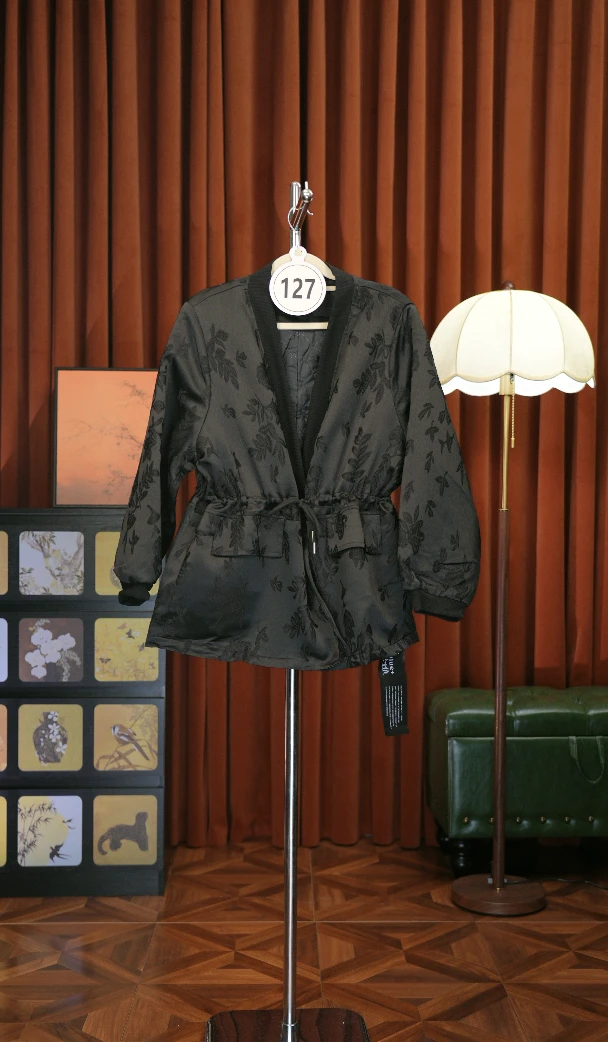 127号黑色衬衫花纹百搭时尚束腰衬衫