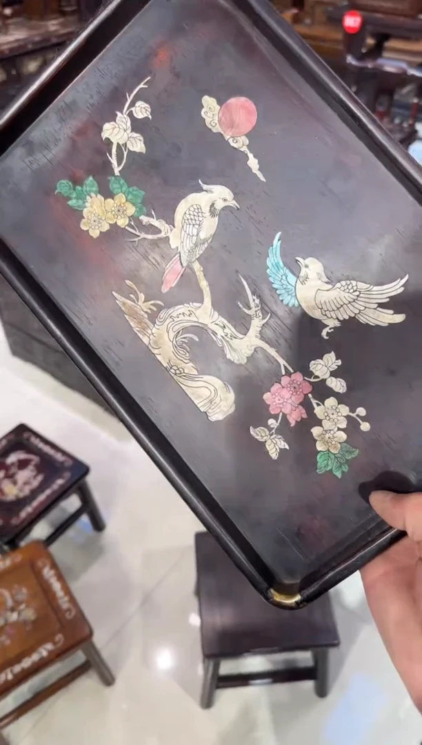 木木头款紫檀鸟踏花枝铜角宽盘128