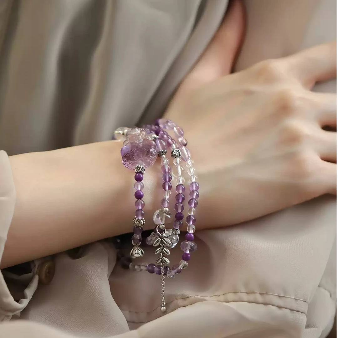 S10002<非晚>s925银紫水晶白水晶九尾狐紫云母叶子花苞弹力手串