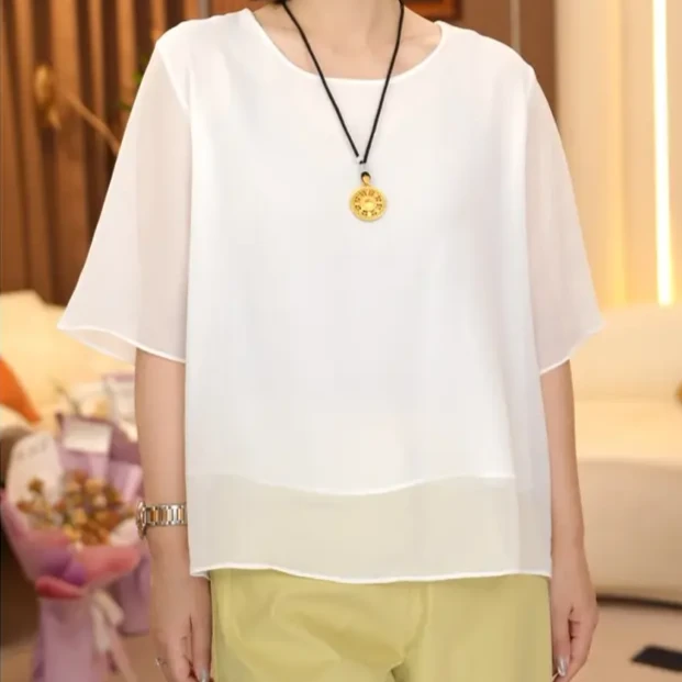 飘逸感~夏季休闲宽松中袖圆领小衫高级感百搭上衣