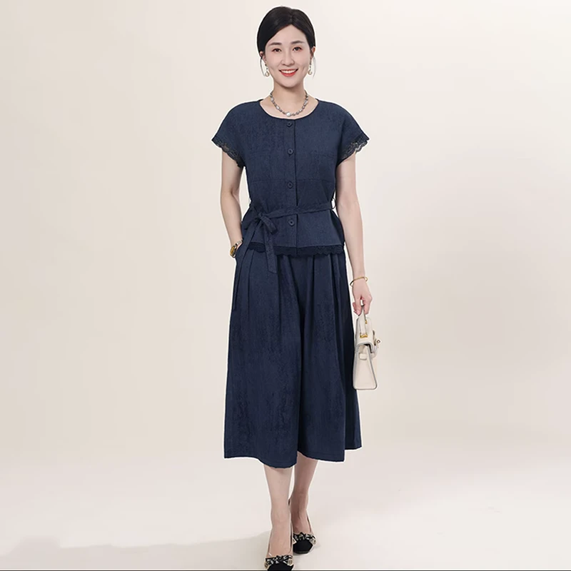 江南妈妈装夏季优雅蕾丝暗纹套装气质显瘦洋气宽松时尚休闲两件套