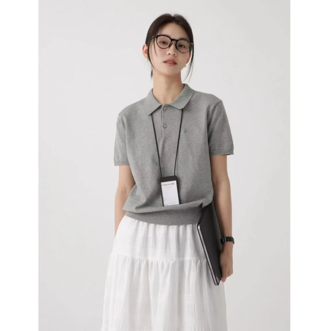 法式灰色针织POLO领短袖t恤女夏季高级感气质收腰显瘦正肩上衣薄
