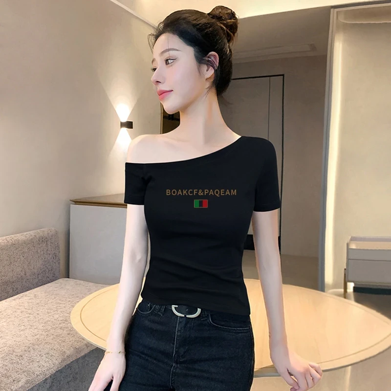 纯欲斜领露肩短袖t恤女夏季新款不规则修身显瘦百搭辣妹上衣ins潮