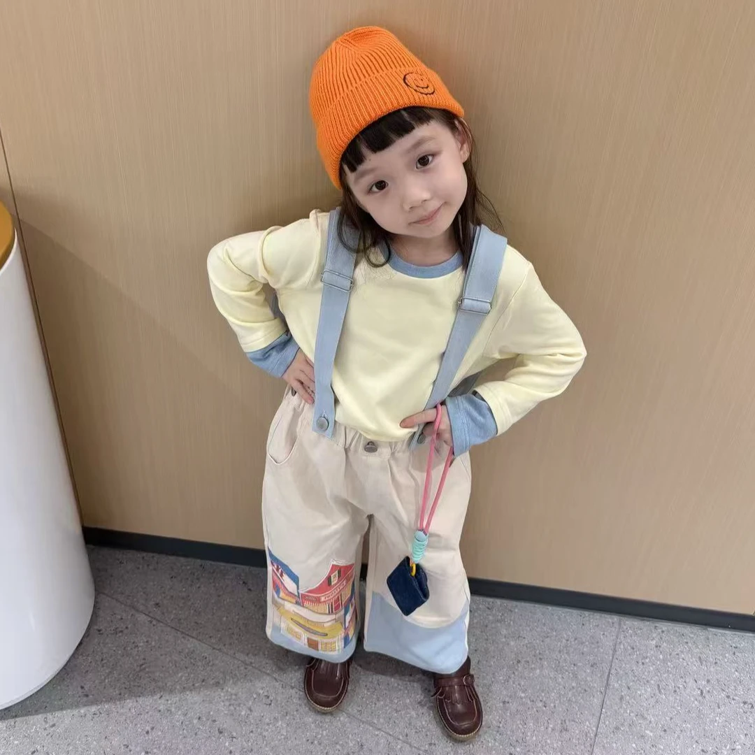 小思家女童2025秋季新款韩版洋气甜美假两件T恤印花背带裤套装