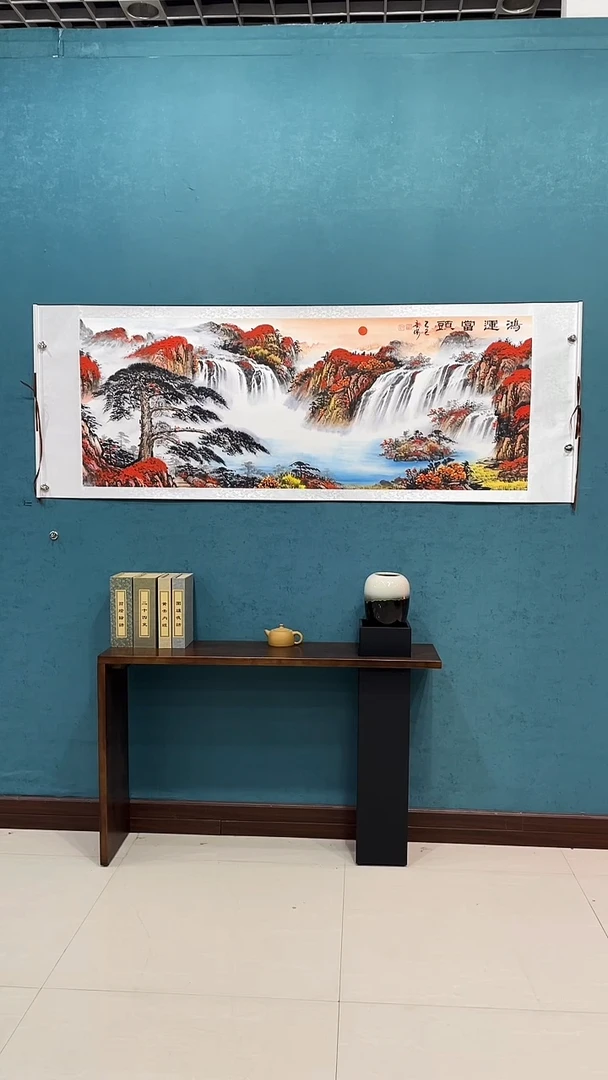 国画《鸿运当头迎客松山水》70*200厘米卷轴软裱