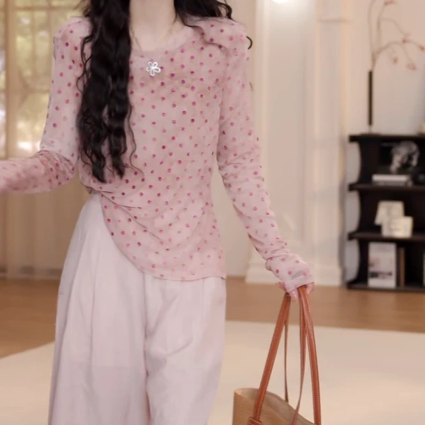 洋气微透设计感时尚波点小衫修身显瘦凉感长袖上衣百搭打底圆领