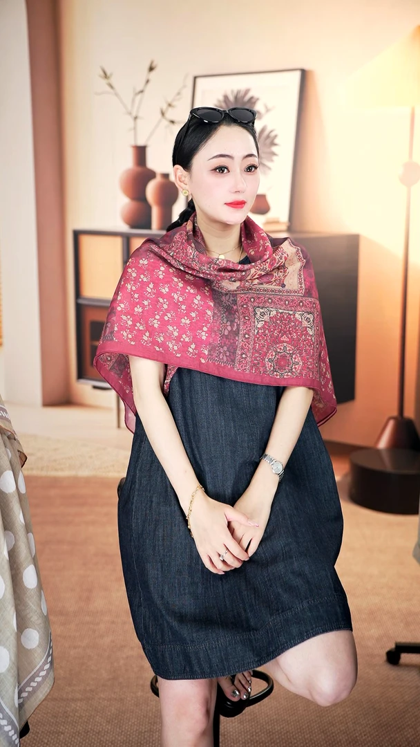 p19【贵妃红】 新款手工卷边110*110左右方巾夏季防晒方巾