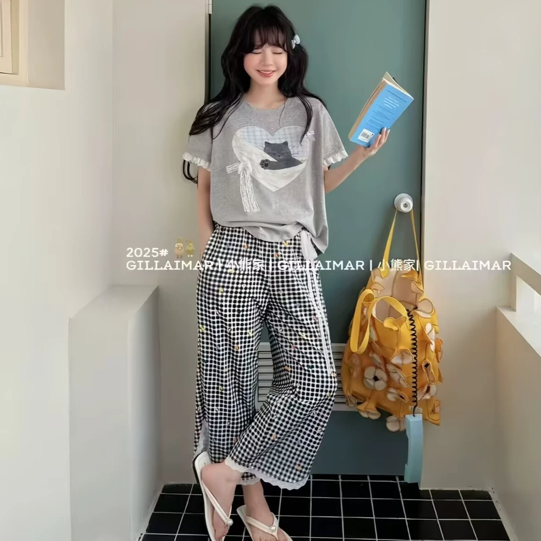 胸垫睡衣女夏季韩版女短袖八分裤薄卡通格子小清新圆领纯棉家居服
