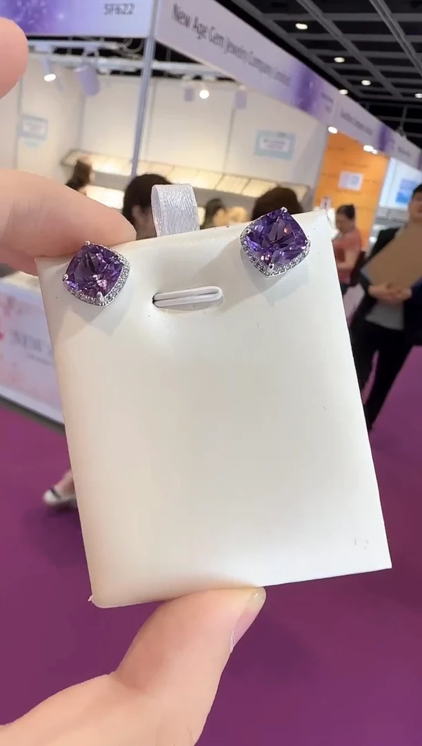 银S925镶嵌耳饰紫晶10mm简约耳钉帝王紫
