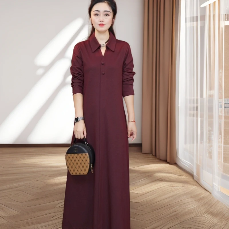 翻领扎染长袖秋季纯色拼接连衣裙中长款春秋长裙收腰