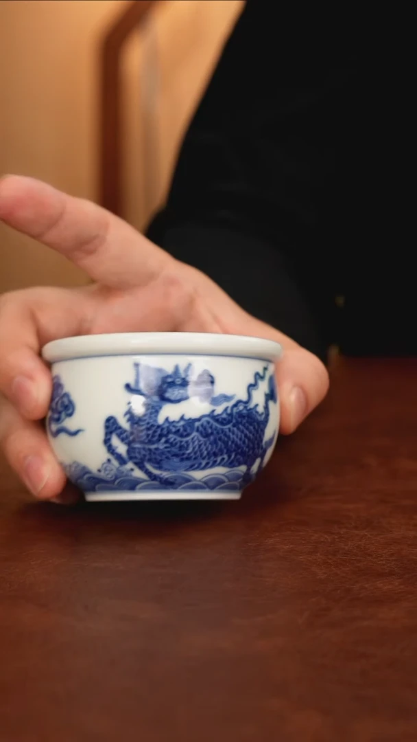 景德镇瓷器，青花瓷手绘茶具~海水麒麟/