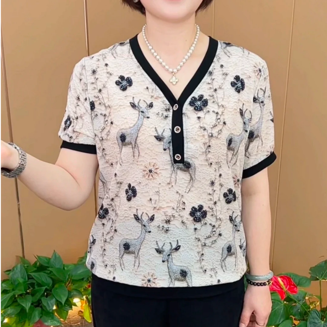 夏季新款时尚V领洋气妈妈装宽松显瘦休闲百搭女士短袖上衣
