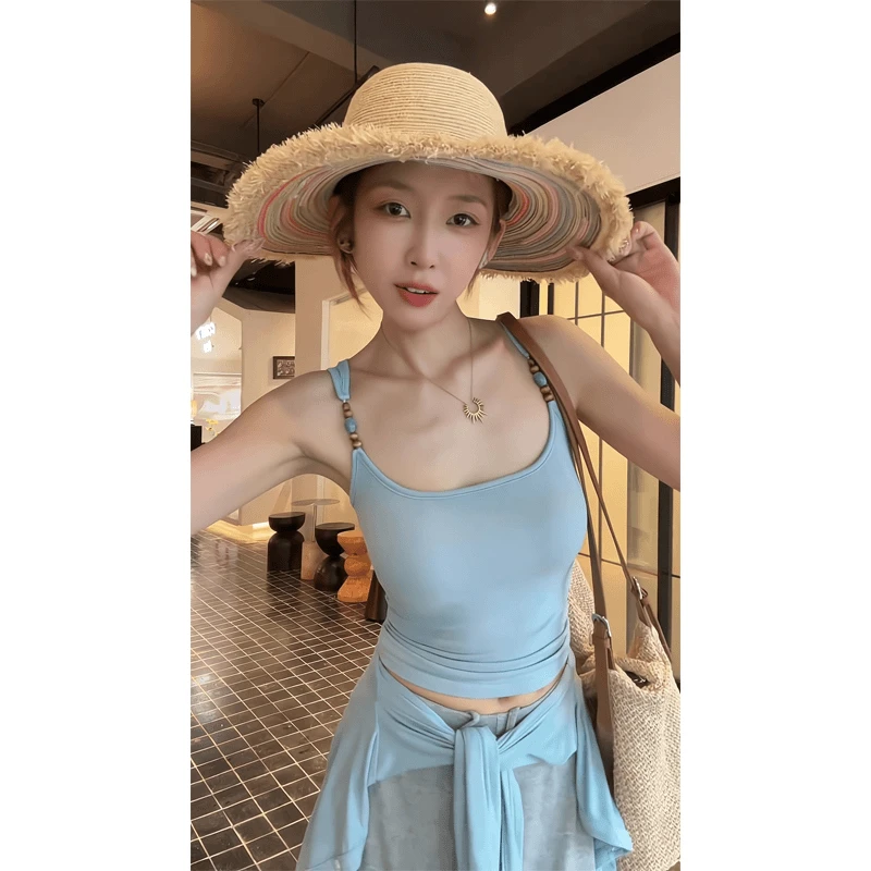 蓝色吊带背心内搭打底针织外穿小上衣微喇休闲垂感宽松直筒阔腿裤