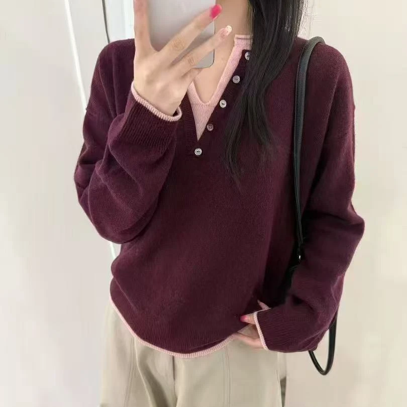 【线下同款】~高定款!假两件撞色剪刀领纽扣毛衣针织套头衫B1790