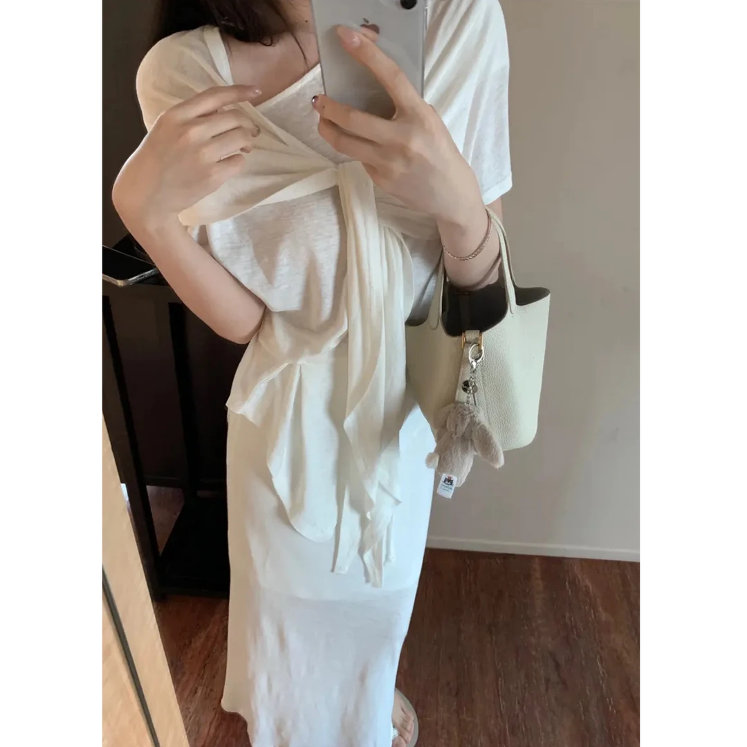 【59三件套】白开水 2025舒服系舒适棉套装T恤+半身裙+披肩三件套