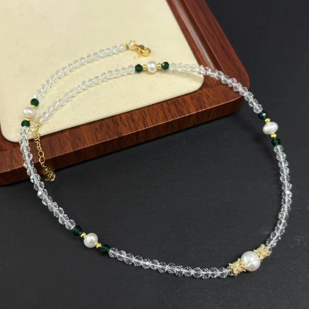 白水晶切割面淡水珍珠夏日百搭精致项链4mm+*（多样性单个发货）