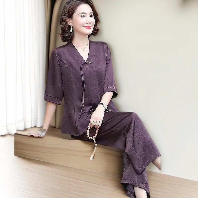 9062-夏季新款中老年时尚洋气裤腿裤上衣二件套装女（康燕）