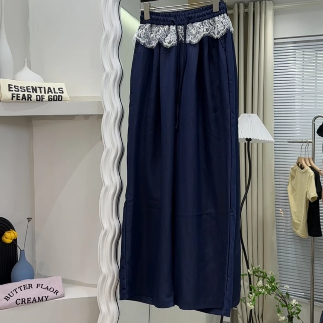 阔腿裤高腰拼接纯色夏季休闲裤女装长裤蓝色百搭松紧腰显瘦宽松