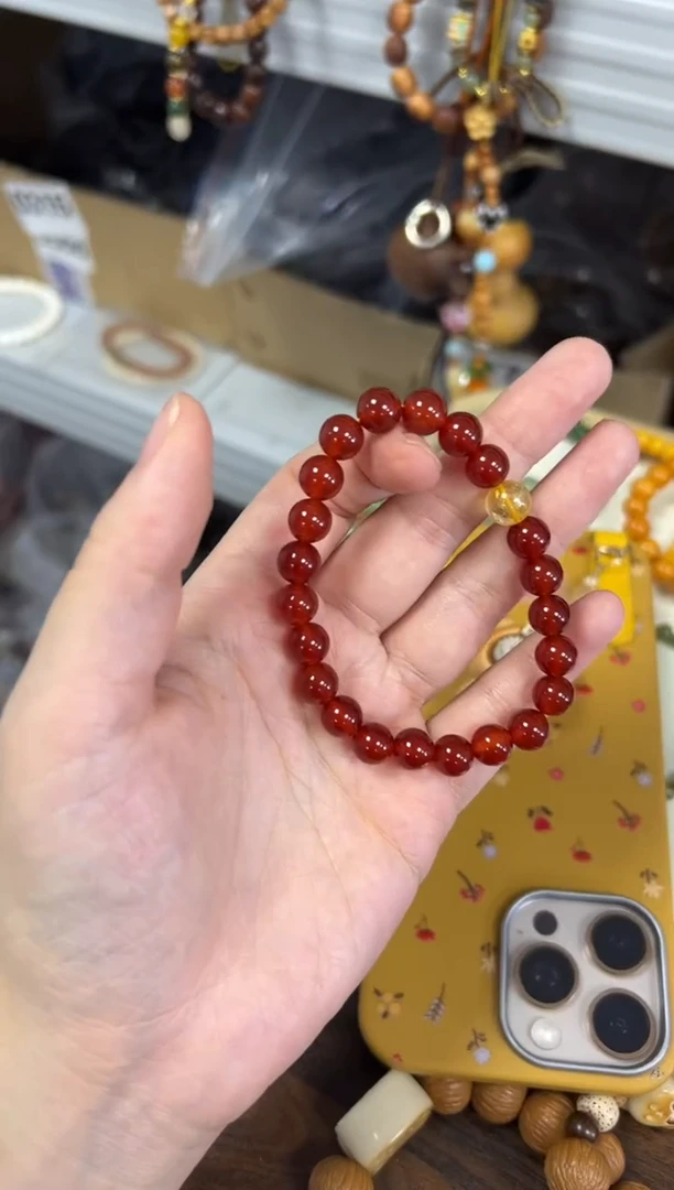 玛瑙/玉髓手链未镶嵌冰透红玛瑙黄晶圆珠手链[2904]