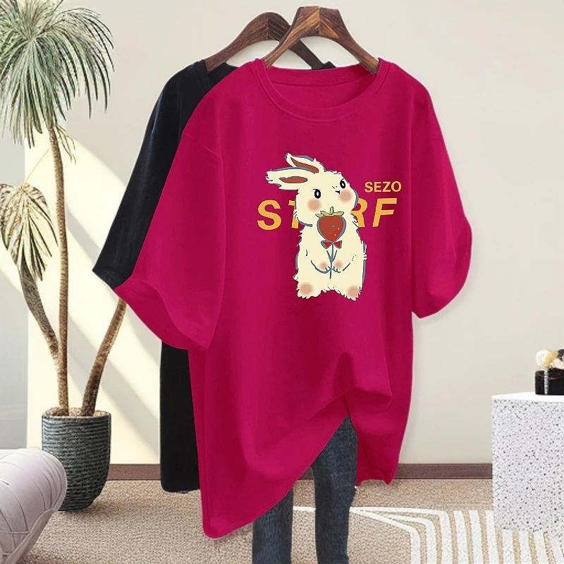 洋气衣服女纯棉短袖女款爆款2025新款百搭红色t恤女遮屁股上衣T恤